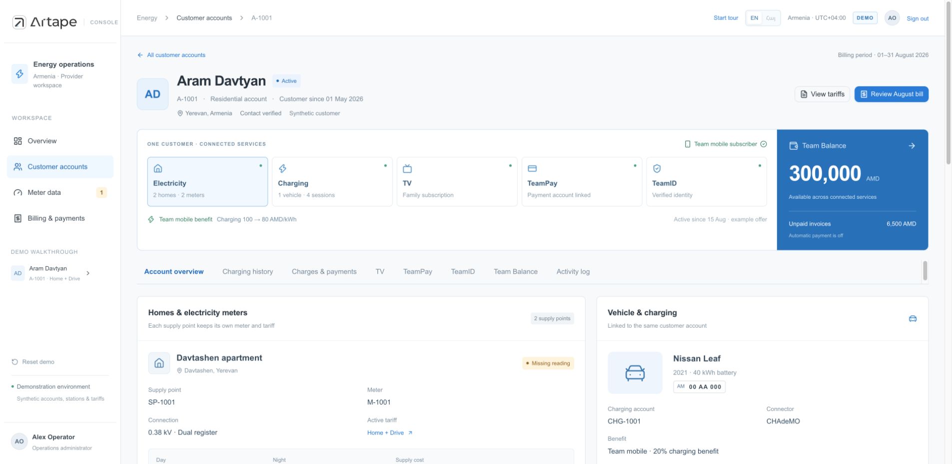 Energy customer account with connected services