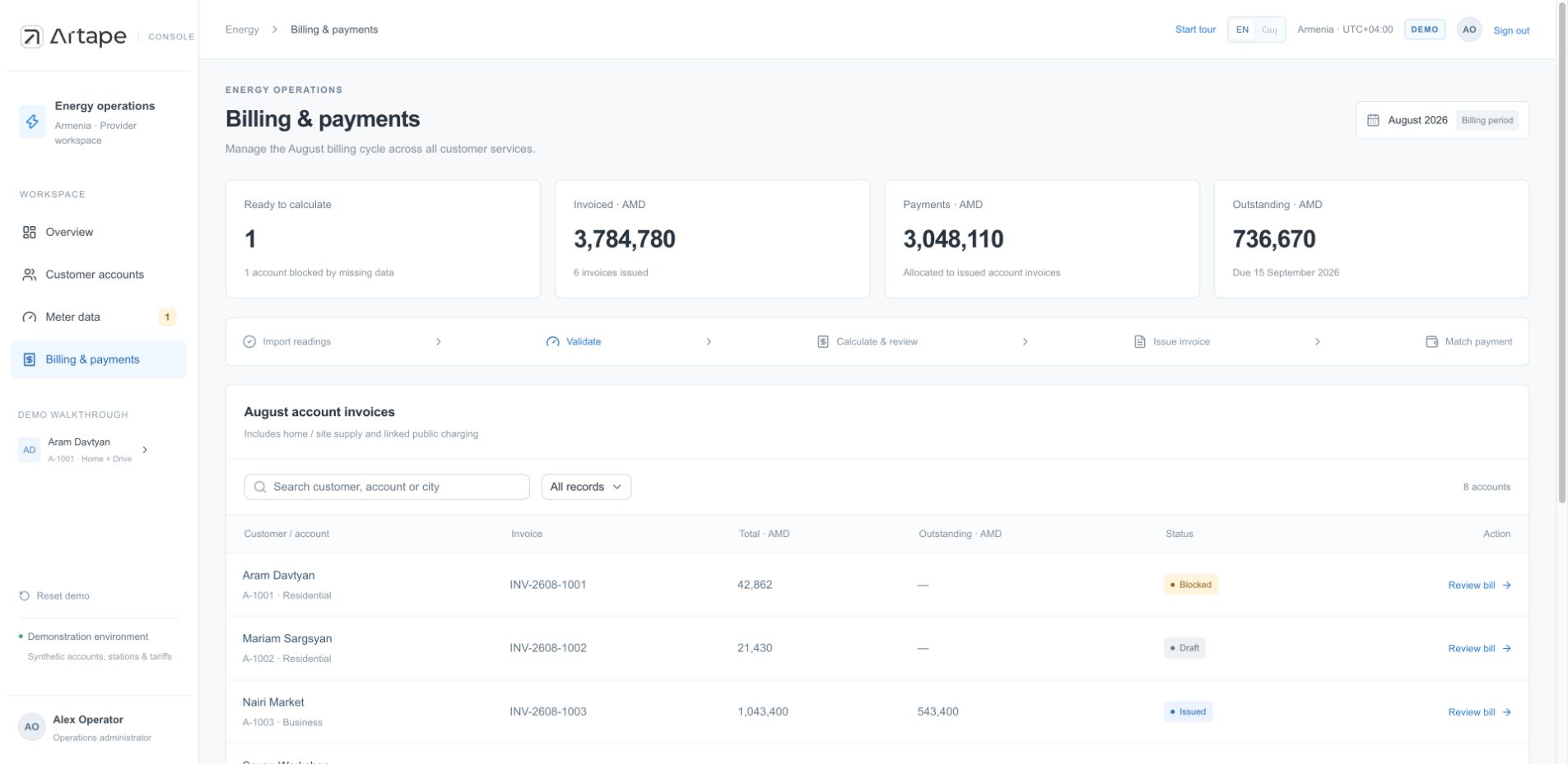 Energy billing and payments workspace