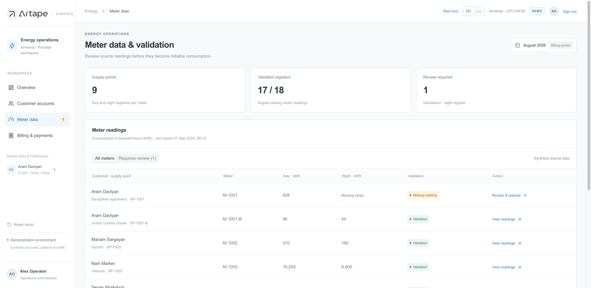Meter reading validation workspace