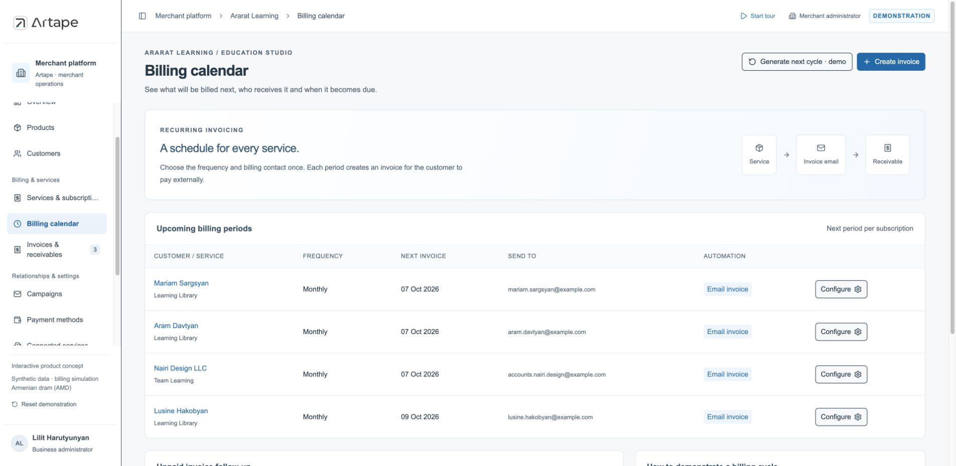 Merchant billing calendar